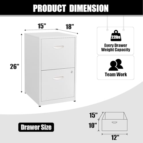 2 Drawer File Cabinet with Lock, Two Drawer Vertical Filing Cabinets, 18" Deep Steel Filing Cabinet for Home Office, Light Duty Metal White Filing Cabinet for Letter-Size Files - Assemly Required MetalMax