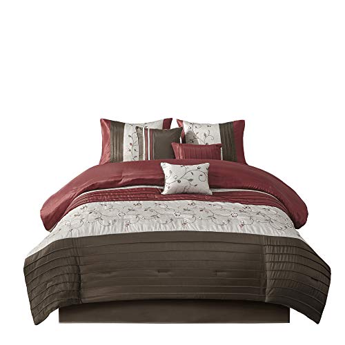 Madison Park Serene Faux Silk Comforter Set - Floral Embroidery Design, All Season Bedding Set, Matching Bed Skirt, Decorative Pillows, Red Cal King(104"x92") 7 Piece Madison Park