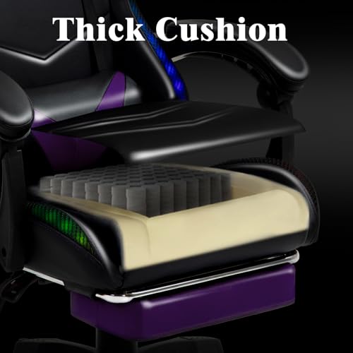 Czlolo RGB LED Lights Gaming Chair with Footrest for Adults and Kids, Lumbar Support Massager Video Game Chair, High Back Reclining Gamer Chair with Headrest, Swivel Office Computer Desk Chair(Purple) Czlolo