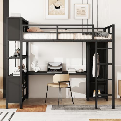 Bellemave Metal Loft Bed with Wardrobe and L-Shaped Desk, Full Size Loft Bed with Storage Cubes and Shelves, Heavy Duty Loft Bed for Kids Teens Adults, Black Bellemave