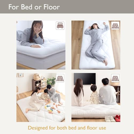 TEIJIN Japanese Futon Mattress, 100% Polyester, Foldable & Portable Floor Lounger Bed, Roll Up Sleeping Pad, Shikibuton, (Extremely Thick, Queen (U.S. Standard)), White TEIJIN