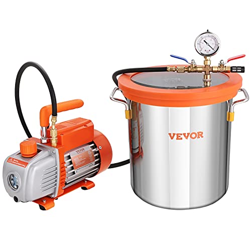 VEVOR 5 Gallon Vacuum Chamber and 3.5 CFM Pump Kit, Tempered Glass Lid Vacuum Degassing Chamber Kit, Single Stage Vacuum Pump with 250 ml Oil Bottle, for Stabilizing Wood, Degassing Silicones, Epoxies