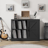 CABIHOME Record Player Stand Cabinet with Door – Farmhouse-Style Turntable Storage Cabinet with Holder Shelves for Up to 750 Albums, Wooden CD/DVD Rack for Living Room, Black CABIHOME