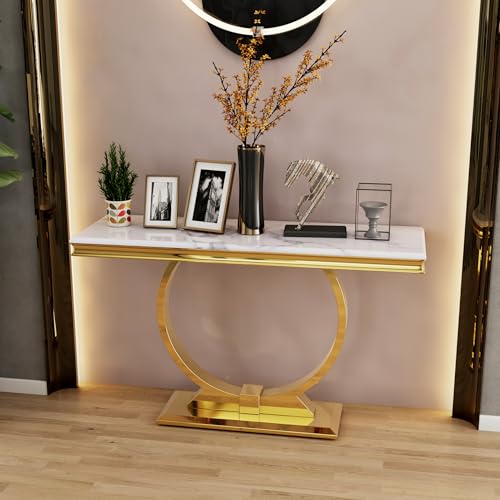 Asday Gold Console Table, 50 Inch Glam White and Gold Entryway Table with U-Shaped Base, Polished Gold Entrance Table with White Top for Entryway, Hallway, Foyer Asday