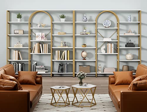 Gyfimoie Triple Wide Gold Bookshelf, 70.87" W x 71.34" H Large Modern Etagere Bookcase, Tall Display Shelf with 13-Tier Open Shelves, Freestanding Staggered Storage Shelf for Home Office (White/Gold) Gyfimoie