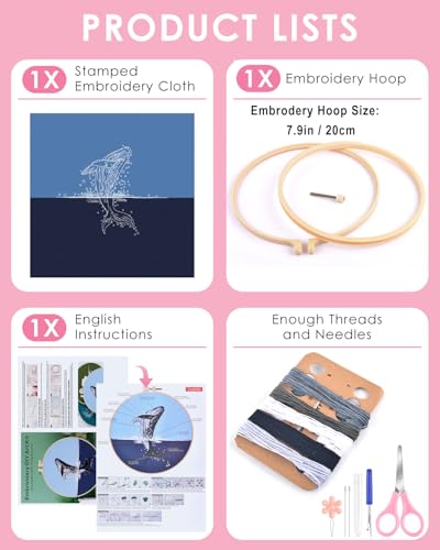 TINDTOP Embroidery Kit for Beginners Adult, Whale Embroidery Practice Kit for Beginners Include Embroidery Cloth Hoops Threads for Craft Lover Hand Stitch with Embroidery Skill Techniques TINDTOP