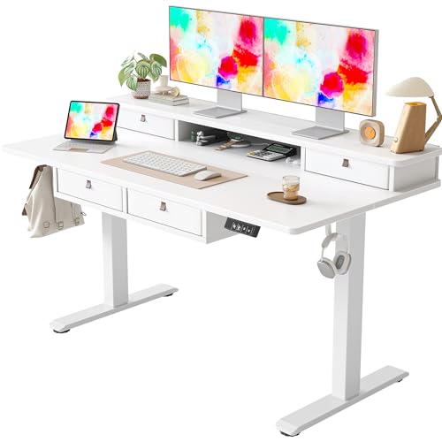 TIQLAB 55 * 28 Inch Standing Desk with Four Drawers, Electric Sit Stand Table, Stand Up Desk Adjustable Height with Storage Shelf, Splice Board, White TIQLAB