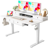 TIQLAB 55 * 28 Inch Standing Desk with Four Drawers, Electric Sit Stand Table, Stand Up Desk Adjustable Height with Storage Shelf, Splice Board, White TIQLAB