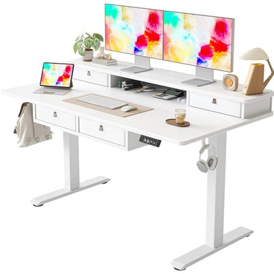 TIQLAB 55 * 28 Inch Standing Desk with Four Drawers, Electric Sit Stand Table, Stand Up Desk Adjustable Height with Storage Shelf, Splice Board, White
