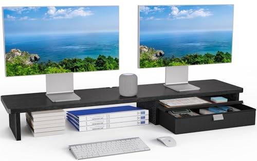 HUANUO Ergonomic Dual Monitor Stand Riser with Steel Tray & Fabric Drawer, Large Desk Organizer with One-Piece Platform, Monitor Stand for Desk, Computer Monitor Stand with Cable Management HUANUO