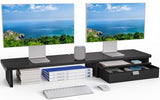 HUANUO Ergonomic Dual Monitor Stand Riser with Steel Tray & Fabric Drawer, Large Desk Organizer with One-Piece Platform, Monitor Stand for Desk, Computer Monitor Stand with Cable Management HUANUO