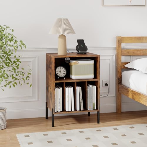 Giantex Record Player Stand with Charging Station, Turntable Stand with Storage Cabinet, Record Player Shelf with Metal Legs, Vinyl Record Storage up to 150 Albums for Living Room (Rustic Brown) Giantex