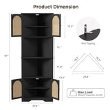 FiveWillowise 67''H Tall Corner Cabinet with Handmade Rattan Door, Rattan Storage Cabinet with Adjustable Shelves, Corner Bookshelf Space Saver for Barthroom, Kitchen, Living Room, Black FiveWillowise