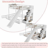 MoproBeti Twin Over Full Bunk Bed with Slide and Storage Stairs, Pine Wood Floor Kids Bunk Beds with Safety Fence Guardrails and Door for Girls Boys, White MoproBeti