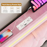 HAUOMS Twin Bed Frame with 3 Drawers, Storage Headboard with Charging Station & LED Lights, Velvet Upholstered Twin Size Girl Bed with Heavy Duty Metal Slats, No Box Spring Needed, Noise Free, Pink HAUOMS