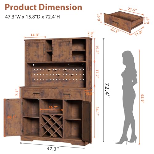 72" Coffee Bar Cabinet with Power Outlet & LED Light, Farmhouse Large Kitchen Hutch with Sliding Barn Door, Tall Bar Cabinets with Storage Drawers & Wine Glass Rack,Pantry China Cabinet,Vintage Brown Jocoevol