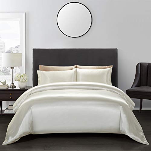 AiMay Satin Duvet Cover Set Bedding Sets Luxury Rich Silk Silky Super Soft Solid Color 2 Piece (1 Duvet Cover +1 Pillowcase) Honeymoon Sexy Reversible Stain-Resistant Wrinkle Free (Twin, Off White) AiMay
