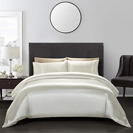 AiMay Satin Duvet Cover Set Bedding Sets Luxury Rich Silk Silky Super Soft Solid Color 2 Piece (1 Duvet Cover +1 Pillowcase) Honeymoon Sexy Reversible Stain-Resistant Wrinkle Free (Twin, Off White) AiMay