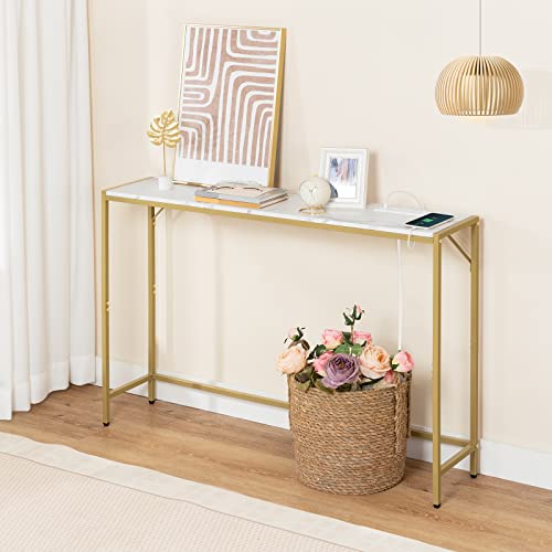 MAHANCRIS Console Table, Narrow Sofa Table, 43.3” Entrance Table with Power Station, Behind Couch Table, Simple Style, for Living Room, Hallway, Entryway, Foyer, Marble and Gold CTJM112E01 MAHANCRIS
