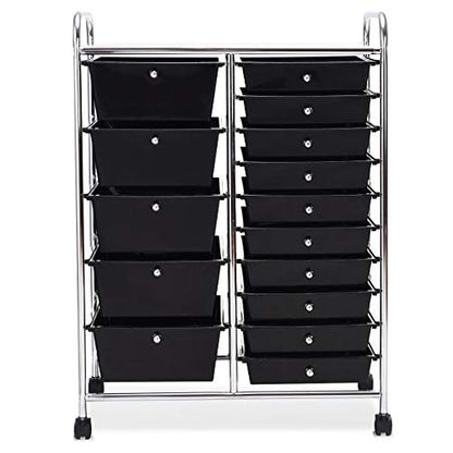 15 Drawer Rolling Storage Cart, Mobile Utility Cart with Lockable Wheels, Drawers, Multipurpose Organizer Cart for Home, Office, School, Black