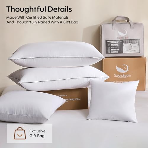 Swandream Goose Feather and Down Bed Pillow Standard Size Single Pack, Luxury 3-Chamber Pillows with Soft & Down-Proof Cover, Fluffy Plush Hotel Pillow for Side, Back & Stomach Sleepers Swandream