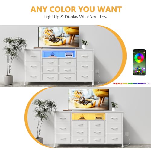 WODRAWER TV Stand Dresser for Bedroom with 12 Drawers for 60" TV, Fabric Drawers Entertainment Center with Power Outlets & LED Lights & Open Shelves, Long Dresser for Console, Living Room WODRAWER
