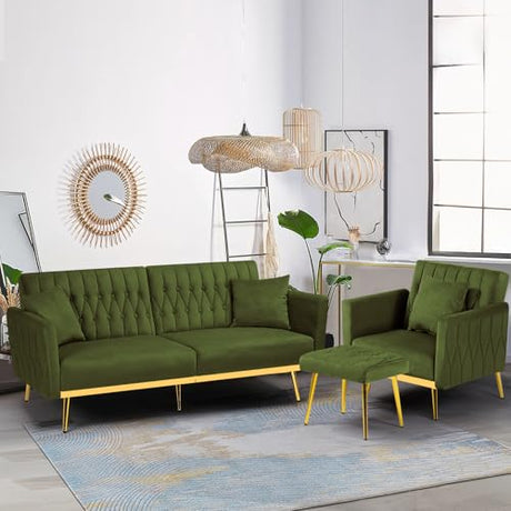 ACMEASE 2 Pieces Velvet Sofa Set with Adjustable Armrest and Backrest, 70” Convertible Futon Sofa Bed & Mordern Accent Chair with Ottoman for Living Room, Bedroom, Olive Green ACMEASE