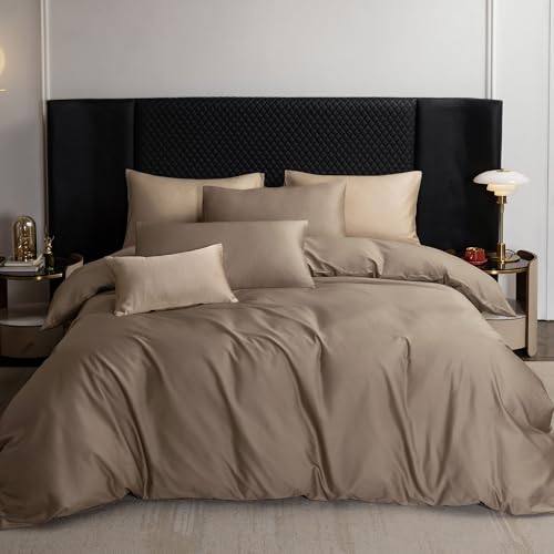 MooMee Duvet Cover Set 100% Extra Long Staple Cotton 600 Thread Count Silky Sateen Smooth Luxury Soft Breathable Durable Hotel Quality Bedding, 3 Pieces (Mocha Brown, Queen 90"x90") MooMee