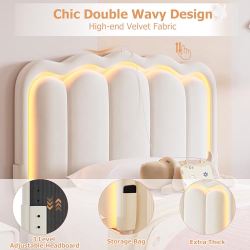 Twin Upholstered LED Bed Frame with Storage Drawer and Adjustable Chic Double Wavy Headboard, Velvet Princess Platform Bed for Kids/Girls, Solid Wood Slats Support, No Box Spring Needed, Beige Jocoevol