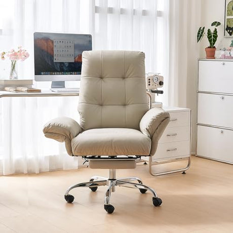 EMIAH Office Chair with Foot Rest Criss Cross Chair with Wheels and Flip-up Arms Reclining Desk Chair Comfy Wide Seat PU Leather Rolling Computer Home Office Chair (Beige) EMIAH