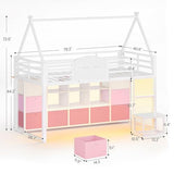 VIAGDO Twin Size Low Loft Bed with 9 Storage Drawers, Bookcase and LED Lights, House-Shaped Metal Twin Loft Bed with Step Stool and Safety Guardrail, Kids Loft Bed with Under-Bed Play Space, White VIAGDO