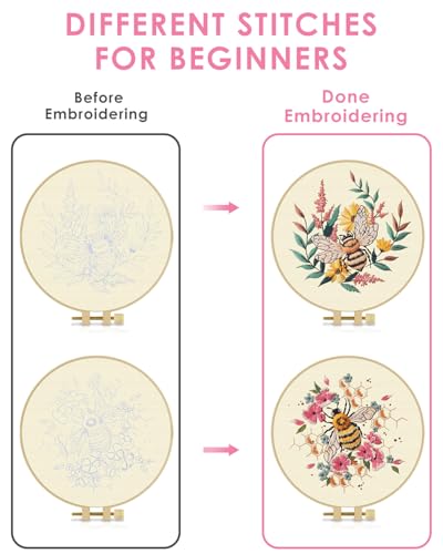 TINDTOP 2 Pack Embroidery Kit for Adult, Embroidery DIY Starter Kit, with Stamped Patterns, Hoop, Tools, Colorful Threads with Needles, Instructions (Bee) TINDTOP