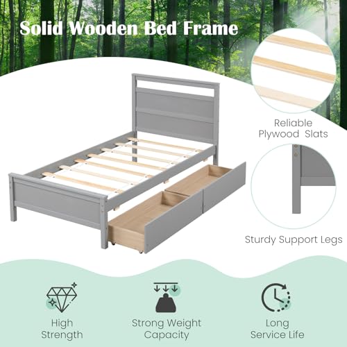 Giantex Wood Twin Bed with 2 Storage Drawers, Solid Wood Platform Bed with Headboard, Single Bed Wooden Slats Support, No Spring Needed, Twin Bed Frame for Kids, Teens, Adults (Grey) Giantex