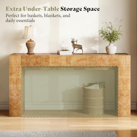 AMERLIFE 63" Burl Wood Console Table, Modern High Gloss Entryway Table with 2 Storage Drawers, Long Sofa Table Behind the Couch for Entrance, Hallway, Foyer, Living Room, Natural AMERLIFE
