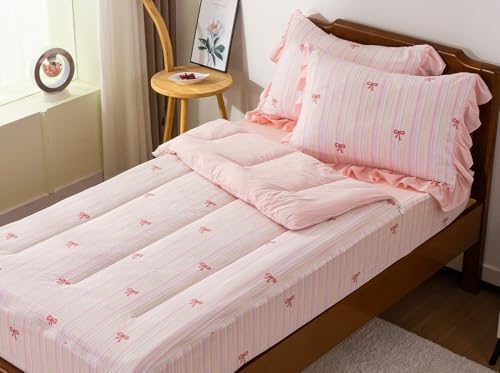A Nice Night Zipper Bedding Pink Bow Printed on Colorful Rainbow Background Zippered Kids Comforter Set,Seersucker Chic Style Ultra Soft,Twin A Nice Night