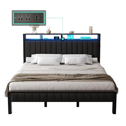 LUXOAK King Size LED Platform Bed Frame with Faux Leather Headboard and Built-in Charging Station - WoodArtSupply