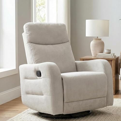MAKOSAR 360° Swivel Glider Rocker Recliner Chair, Manual Reclining Sofa Chair with Side Pull Handle,Fabric Upholstered Lounge Chair for Living Room, Bedroom,Nursery,Office (Beige-Swivel)