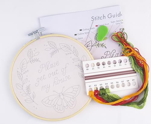 FUNATIC Please Get Out of My House Embroidery Kit | Funny Beginner Needle Work Starter Set for Adult | Needlepoint DIY Art and Craft | Cross Stitch Set with Hoop Floss Needles Threader Printed Fabric