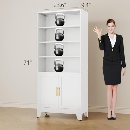 erosoei 71" H Tall Metal Bookcases and Bookshelves with 2 Doors and Adjustable Shelves，Tall Storage Cabinet Industrial Bookshelf 6-Tier Open Display Shelf，Decor Furniture for Living Room, Bedroom erosoei