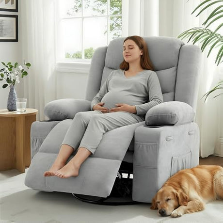 GAOHAPPY Swivel Rocker Recliner Chair, Manual Recliner Single Sofa with Cup Holders and Side Pocket, Chenille Fabric, Upholstered Nursery Rocking Chair for Living Room, Bedroom, Grey GAOHAPY