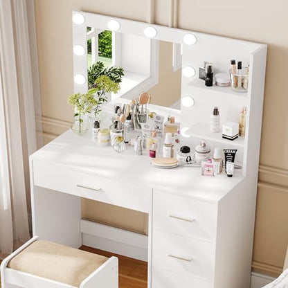 Rovaurx Makeup Vanity Table with Lighted Mirror, Makeup Vanity Desk with Storage Shelf and 4 Drawers, Bedroom Dressing Table, 10 LED Lights, White RSZT104W - WoodArtSupply