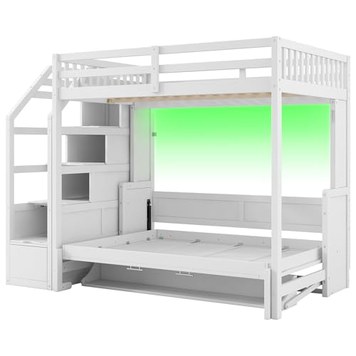 Merax Modern Farmhouse Wood Full XL Loft Bed with Full Size Murphy Bed Chest & Storage Staircase/Space Saving/No Box Spring Needed, White Merax