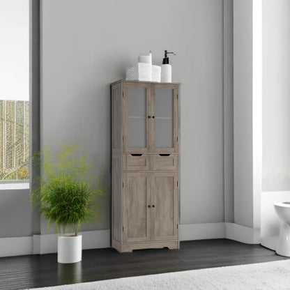 HOSTACK 64" Storage Cabinet, Tall Kitchen Pantry Cabinet, Modern Bathroom Storage Cabinet with Shelves | Drawers and Glass Doors, Free Standing Linen Cabinet Cupboard for Dining Room, Ash Grey