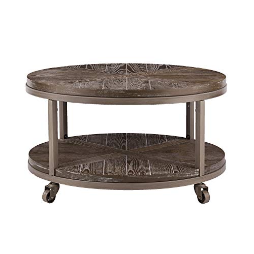 SEI Furniture Konya Urban Industrial Round Coffee Table, White-limed Burnt Oak/Distressed Gray - WoodArtSupply