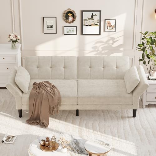 IDEALHOUSE 89" Futon Sofa Bed, Modern Chenille Sleeper Couch with Adjustable Backrest & Armrest, Convertible Futon Couch for Living Room Bedroom Apartments, Beige IDEALHOUSE