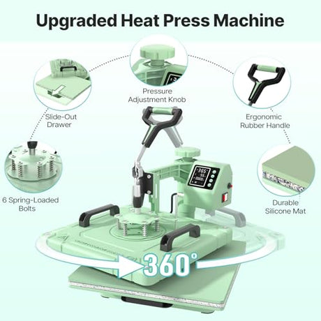 Slendor Heat Press 15x15 Inch 5 in 1 Heat Press Machine 360-Degree Swing Away Digital T Shirt Pressing Machine Multifunction Heat Transfer Sublimation Combo for T Shirts Mugs Hat Plate Cap,Green Slendor