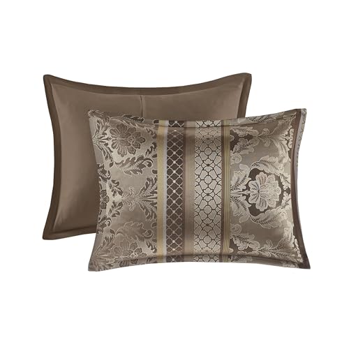 Madison Park Bellagio Cozy Comforter Set - Luxurious Jaquard Traditional Damask Design, All Season Down Alternative Bedding with Matching Shams, Decorative Pillow, Queen(90"x90"), Brown/Gold 7 Piece Madison Park