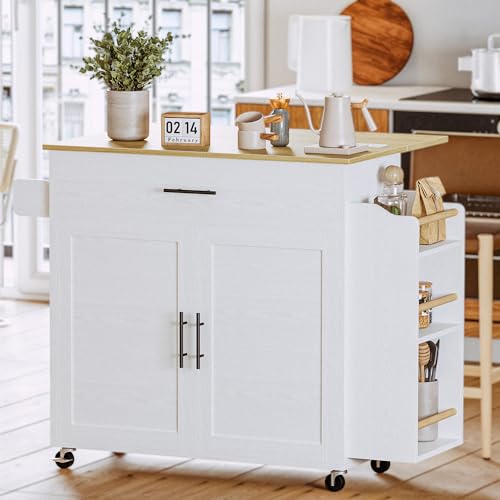 Rolling Kitchen Island with Drop Leaf and Storage by IRONCK, White - WoodArtSupply