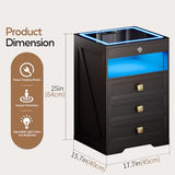 MDGC Smart Nightstand with Lockable Gun Drawer,Farmhouse Bedside Table with Charging Station and 3 LED Lights, Modern Night Stand with 3 Drawers,Glass Top End Side Table for Bedroom（Black） MDGC