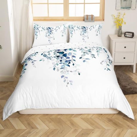 Erosebridal Navy Blue Eucalyptus Duvet Cover Queen, Watercolor Plant Leaves Bedding Set Botanical Rustic Farmhouse Comforter Cover for Kids Adult Women, Modern Minimalist Bed Set, 2 Pillow Cases Erosebridal